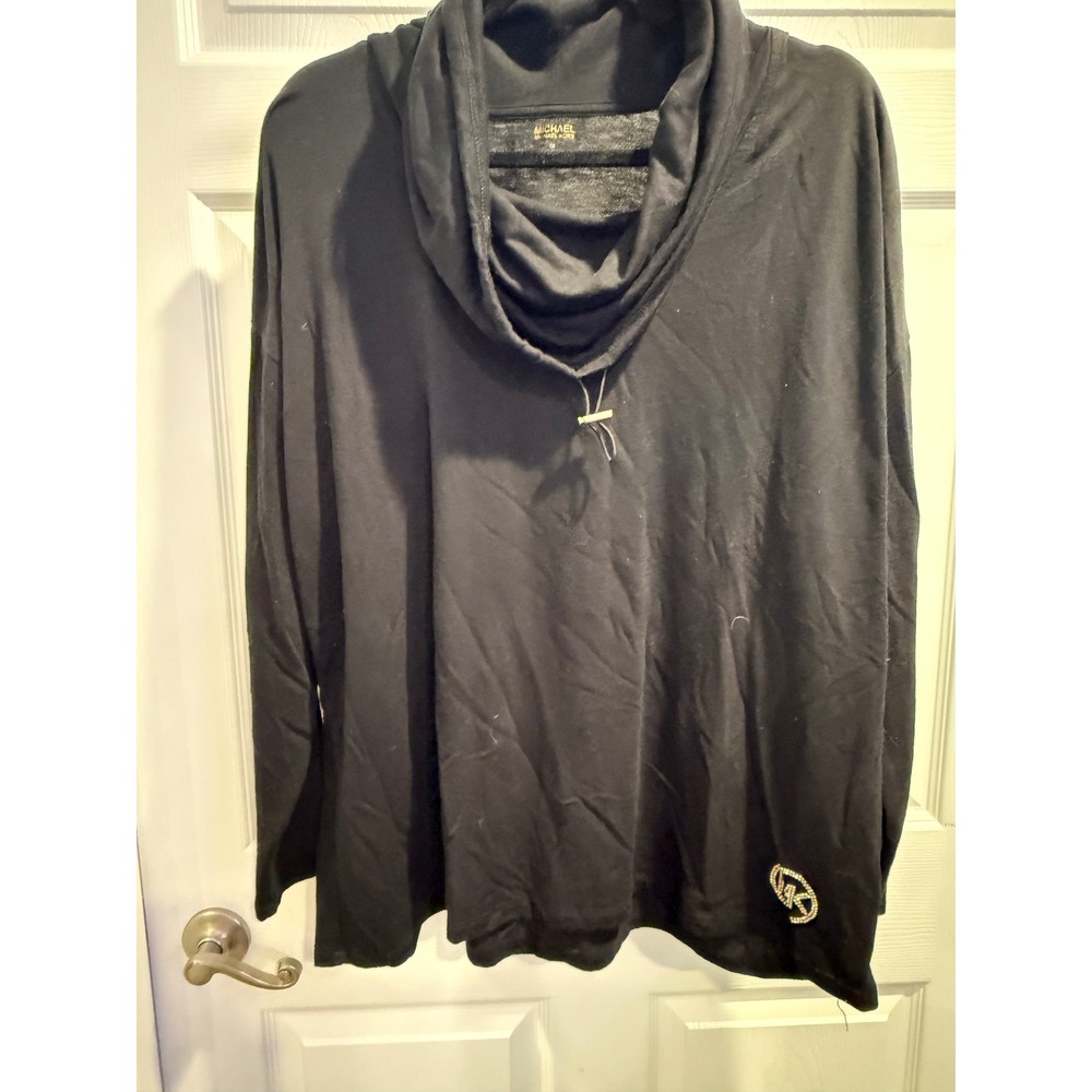 Michael Kors Womens Black Cowl Neck Long Sleeve Top Rhinestone MK Logo 1X